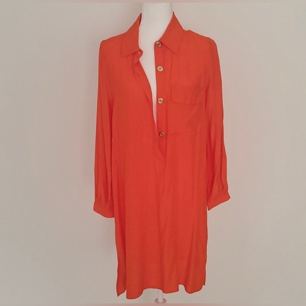 NWT Zara orange collared tunic w/4 gold buttons, front pocket, button cuffs 🧡 - Picture 5 of 7
